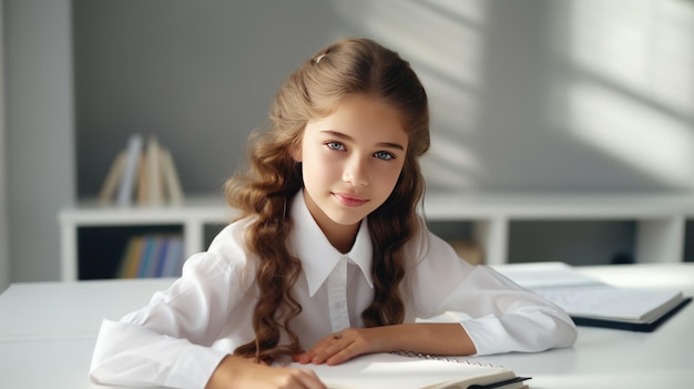 retrato, de, un, colegiala, sentado, en, el, escritorio, en, el, aula