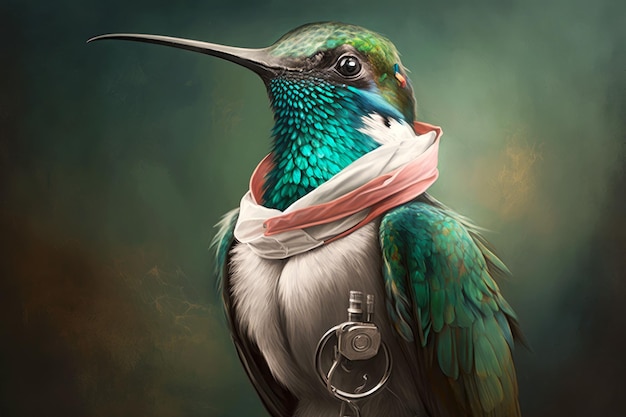 Retrato de colibrí en una bata médica con un estetoscopio alrededor de su cuello ai generativo