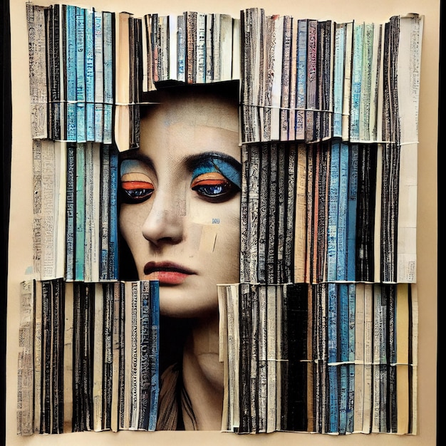 Retrato de collage de mujer hecho de periódicos y revistas renderizado 3d