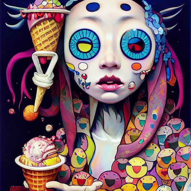 Retrato colorido abstracto de mujer comiendo un helado Ilustración psicodélica