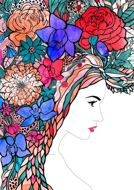 Retrato colorido da ilustração da fantasia da menina do verão de uma mulher bonita um penteado das flores