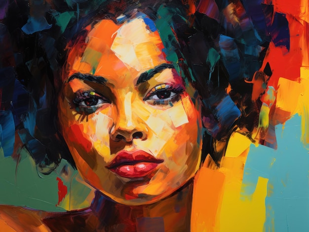Retrato colorido da mulher negra bonita no estilo da pintura a óleo abstrata moderna