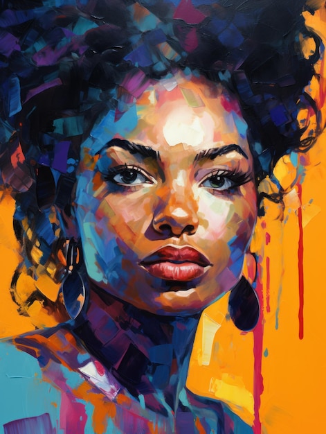 Retrato colorido da mulher negra bonita no estilo da pintura a óleo abstrata moderna