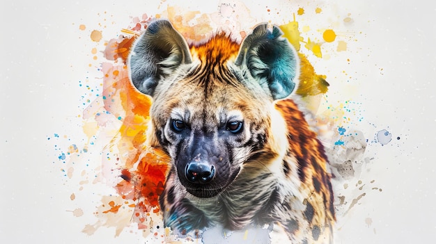 Retrato colorido de hiena com salpicos abstratos de aquarela