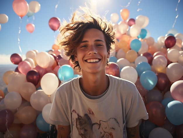 Retrato colorido de um adolescente feliz e sorridente em um cenário de balão Saúde Mental na Juventude