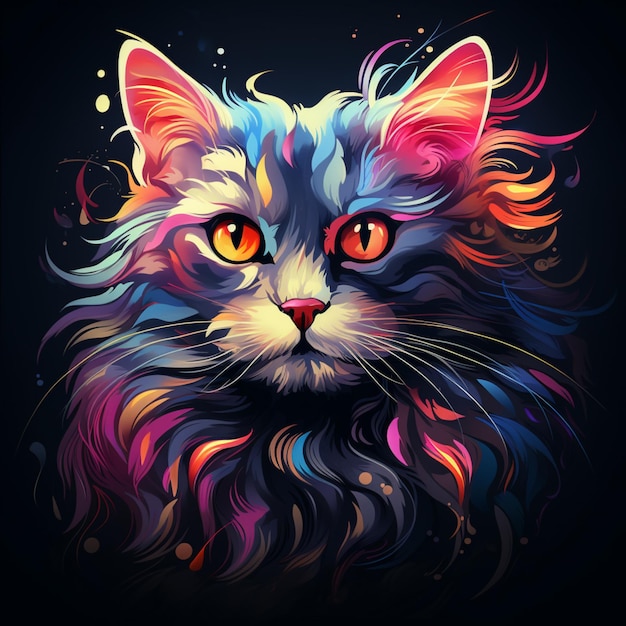 Retrato colorido de um belo gato em fundo preto Ilustração vetorial