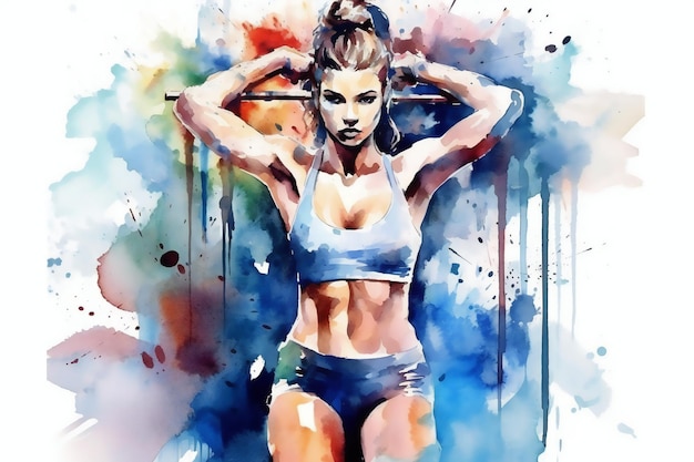 Retrato colorido de uma jovem mulher fitness na academia em estilo aquarela Conceito motivacional