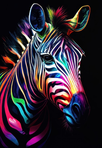 Retrato colorido de zebra em fundo escuro por Generative AI