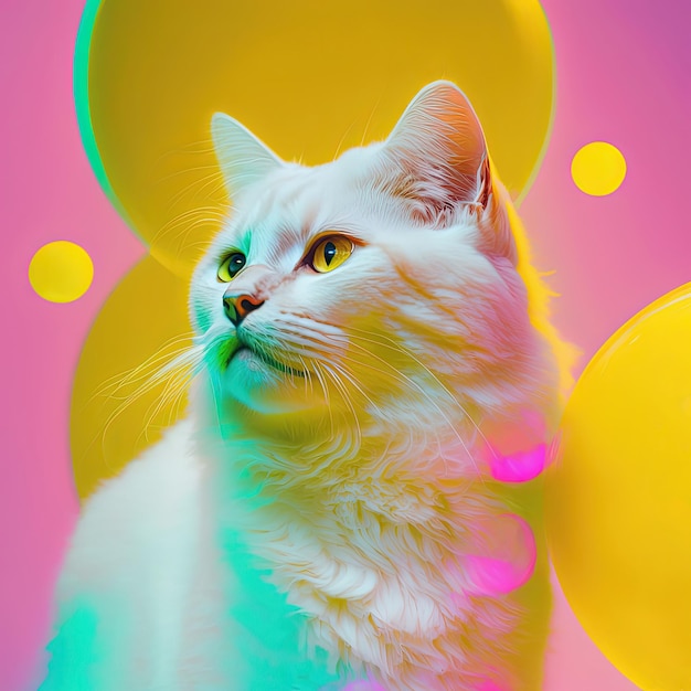 Retrato colorido de gato blanco tonos rosa y amarillo dorado IA generativa