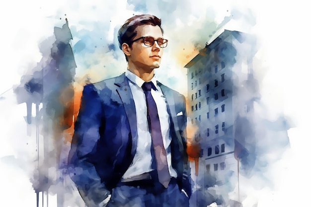 Retrato colorido de un joven hombre de negocios con traje y gafas en estilo acuarela Concepto de negocio