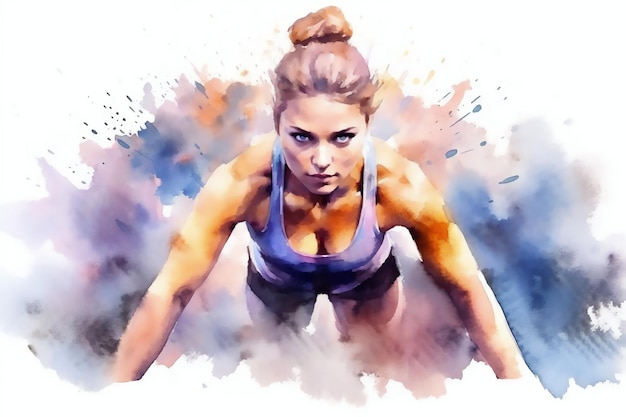 Retrato colorido de una mujer deportiva haciendo flexiones en estilo acuarela Concepto motivacional