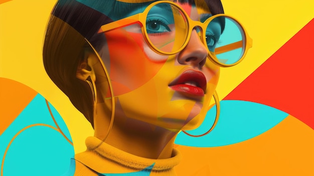 Foto retrato colorido de una mujer con superposiciones geométricas abstractas