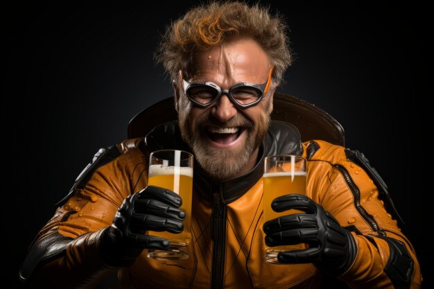 Retrato cômico de um homem gordo barbudo em traje amarelo de super-herói usando óculos com dois copos de cerveja Um cara sorridente e engraçado retrata o amigável Superman e propõe um brinde