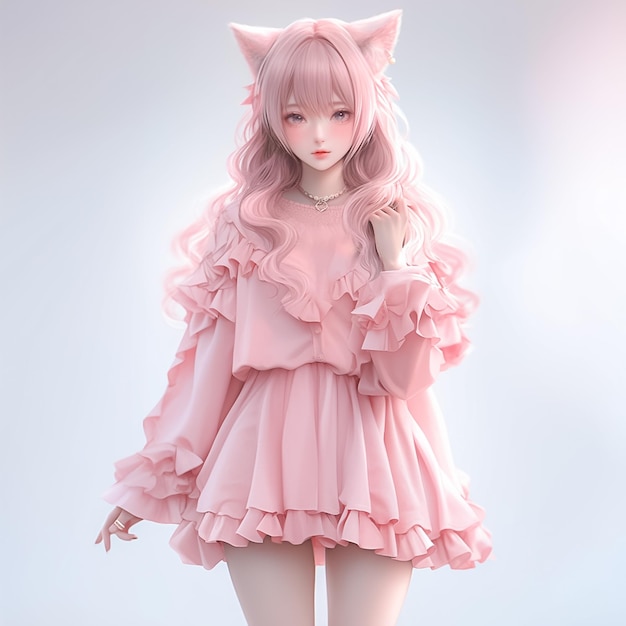retrato completo anime fofo posando para foto cabelo rosa branco Kemonomimi estilo realista zbrush niji 5