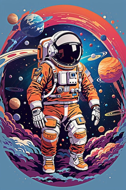 Retrato completo de un astronauta flotando por el espacio usando globos en forma de planetas