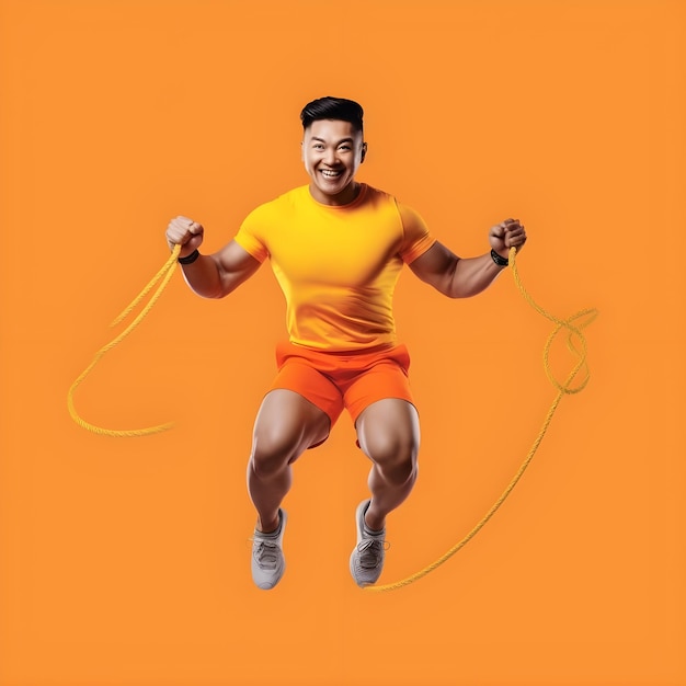 Retrato completo de un atleta asiático saltando con una cuerda aislada sobre fondo naranja