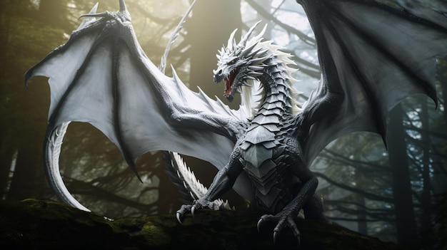 retrato completo del cuerpo de un dragón blanco de Melismor rodeado por un bosque oscuro Generativo Ai