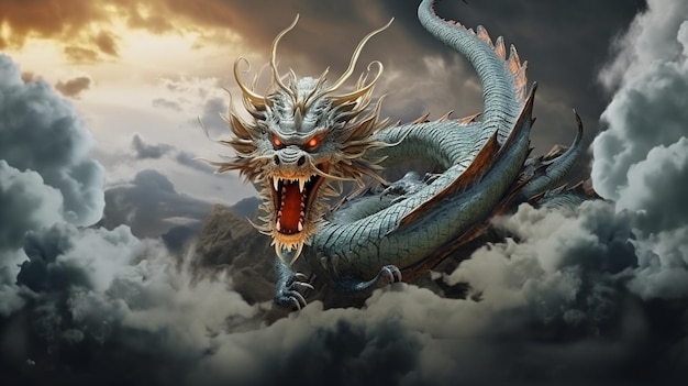 retrato completo del cuerpo de un dragón volador de Shenlong rodeado de nubes oscuras Generativo Ai