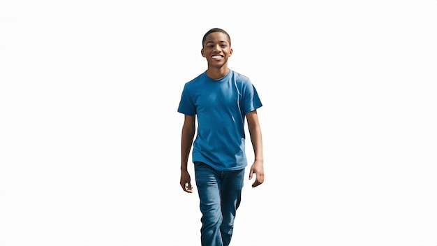 Foto retrato completo de um menino adolescente sorridente em camiseta azul isolado em branco