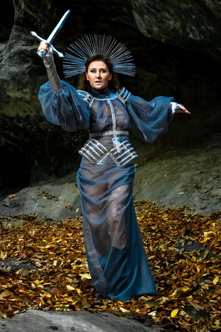Foto retrato completo de uma jovem cavaleira medieval lutando com uma espada fantasia cosplay