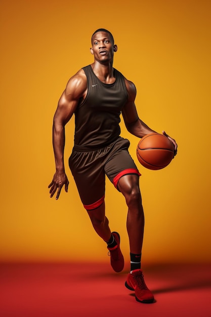 Retrato completo de un hombre negro con camisa roja, gorra negra y pantalones cortos grises jugando al baloncesto.