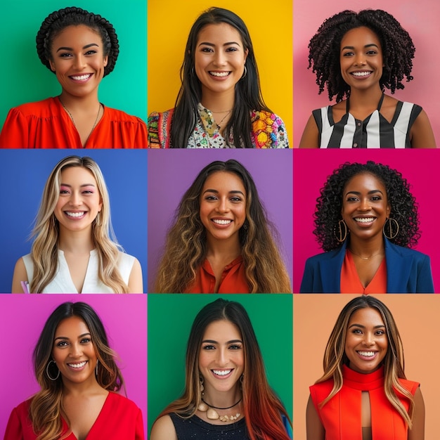 Retrato composto de headshots de diferentes mulheres sorridente