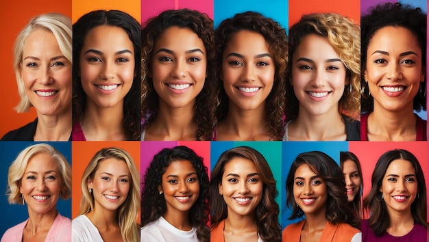 Retrato composto de headshots de diferentes mulheres sorrindo de todos os sexos e idades, incluindo todos e