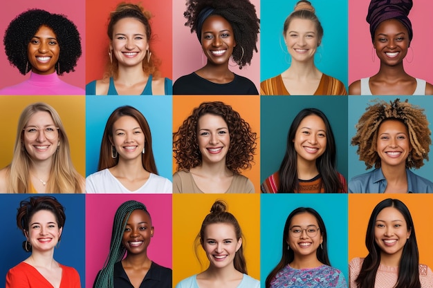 Retrato composto de headshots de diferentes mulheres sorrindo de todos os sexos e idades, incluindo todos