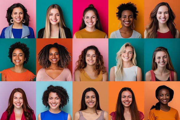 Retrato composto de headshots de diferentes mulheres sorrindo de todos os sexos e idades, incluindo todos