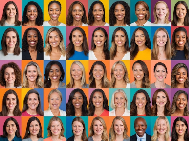 Retrato compuesto de fotos de diferentes mujeres sonrientes de todos los sexos y edades, incluidas todas las e