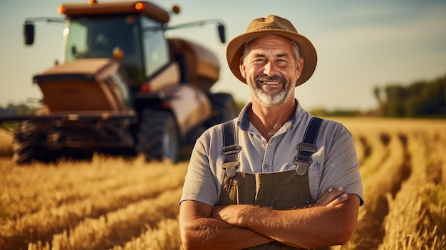 Foto retrato conceitual de um agricultor adulto com um trator gerado pela ia