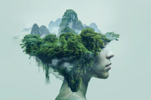 Retrato conceitual de uma mulher com uma floresta para o cabelo se misturando com a paisagem montanhosa
