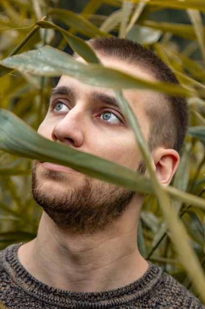 Retrato conceptual de un hombre en un montón de hojas Modelo de chico guapo posando entre los matorrales Primer plano