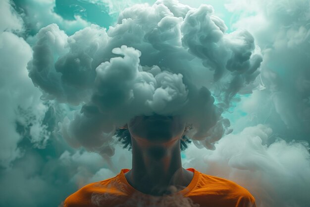 Foto retrato conceptual de un hombre con nubes como cabeza contra un cielo azul