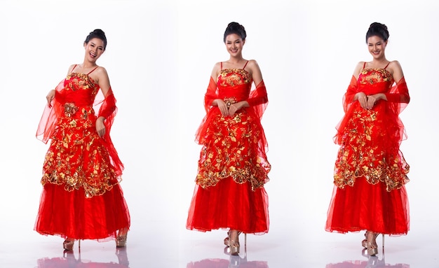 Retrato del concurso de belleza Miss Asian Pageant en vestido de traje de falda de capa roja, fondo blanco de iluminación de estudio, paquete de grupo de collage de cuerpo entero aislado