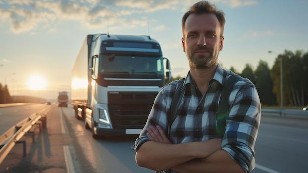 Foto retrato de un conductor brutal contra el telón de fondo de un camión moderno en la autopista