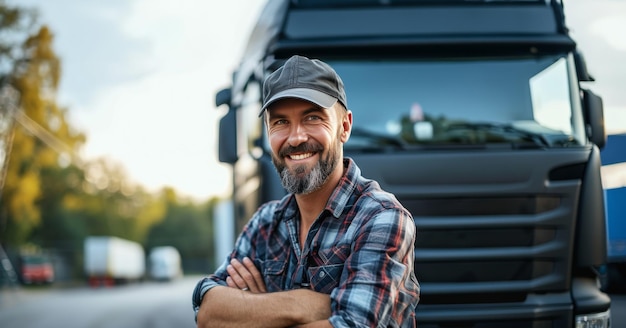 Foto retrato de un conductor de camión caucásico sonriente con un camión de carga en el fondo
