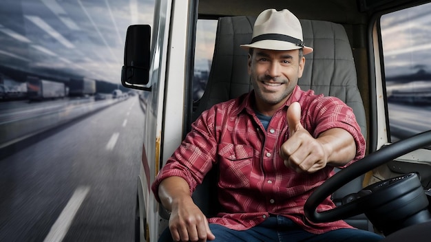 Retrato del conductor del camión sentado en su camión con los pulgares en alto