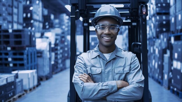 Retrato de un conductor de carretilla elevadora profesional sonriente en el almacén de la fábrica