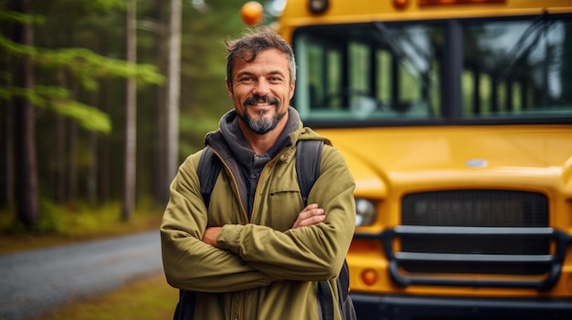 Foto retrato de un conductor confiado con los brazos cruzados de pie contra un autobús escolar