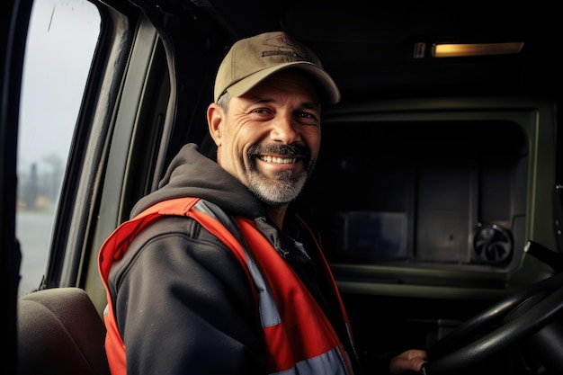 Retrato de un conductor sentado en un camión