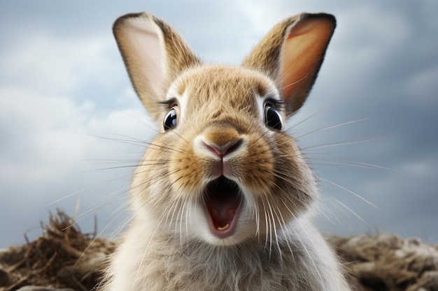 Foto retrato de conejo feliz sorprendido gracioso cabeza de animal mirando pixar estilo renderización 3d ilustración