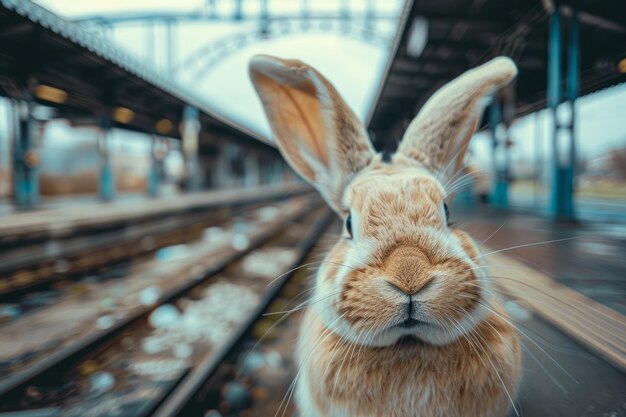 Foto retrato de un conejo de pascua en una estación de tren ia generativa