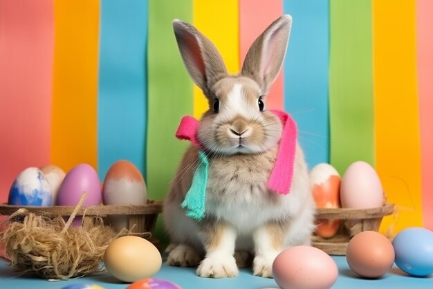 Un retrato del conejo de Pascua con sombrero y bufanda de punto
