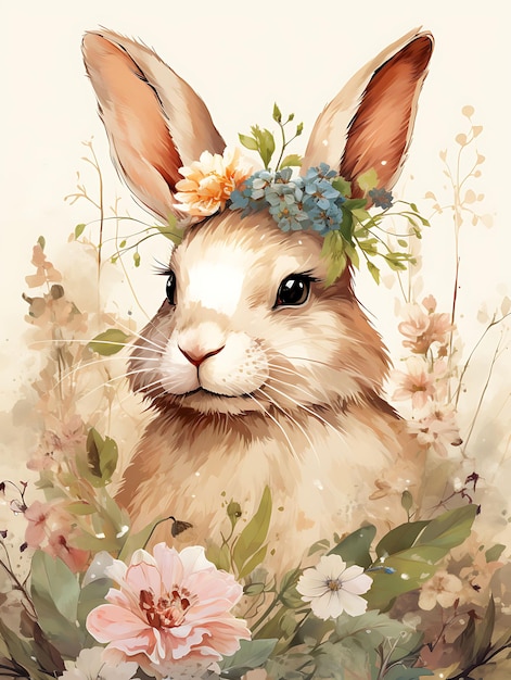 Foto retrato de conejo con sombrero sentado cortésmente y sonriendo póster vintage arte de diseño plano 2d