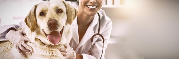 Foto retrato de confía en veterinaria con perro en la clínica