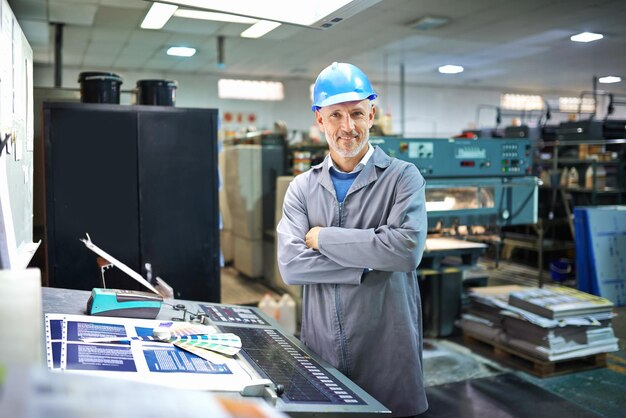 Retrato de confiado y gerente en fábrica con máquina para la impresión de equipo de mantenimiento y supervisor de producción Persona masculina y almacén industrial para la fabricación o distribución de papel