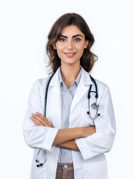 Retrato confiado joven doctora sobre un fondo blanco AI generado