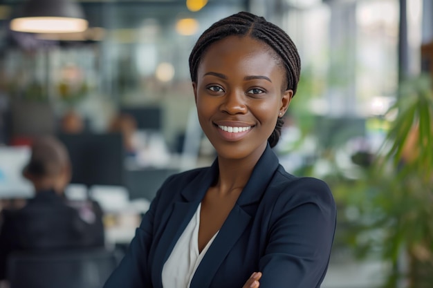 Retrato confiante de uma mulher de negócios africana sorrindo de terno no escritório