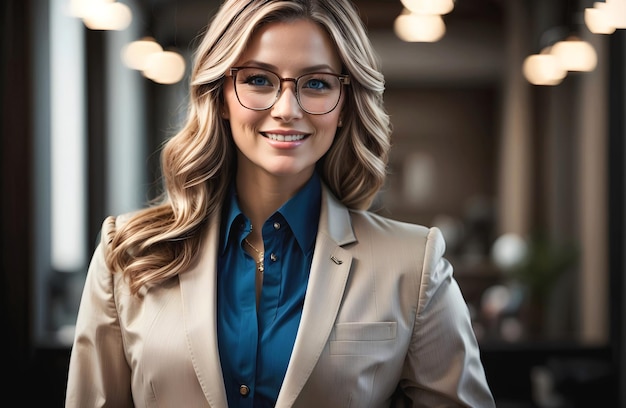 Retrato de confianza morena exitosa mujer de negocios ojos azules banner de fondo de oficina